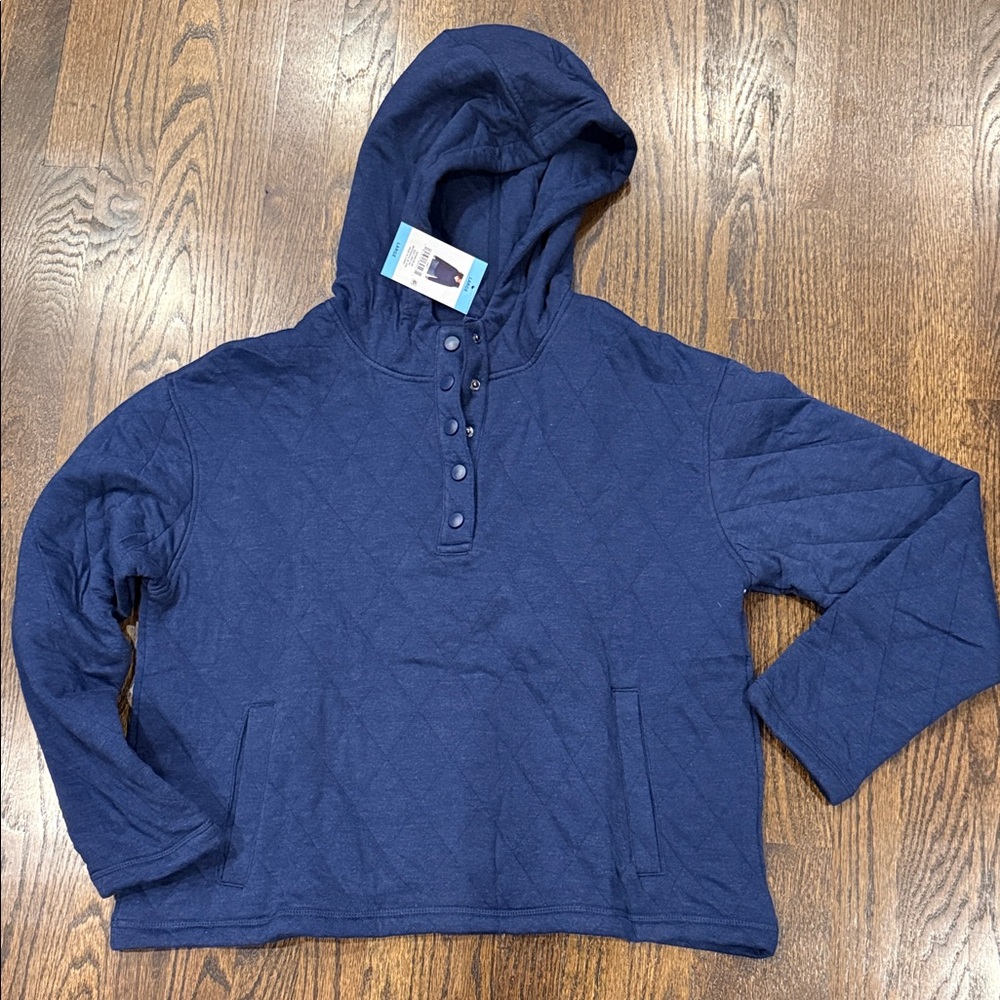 Lands’ End Women’s Navy Quilted Hoodie Pullover Long Sleeve Size Large New